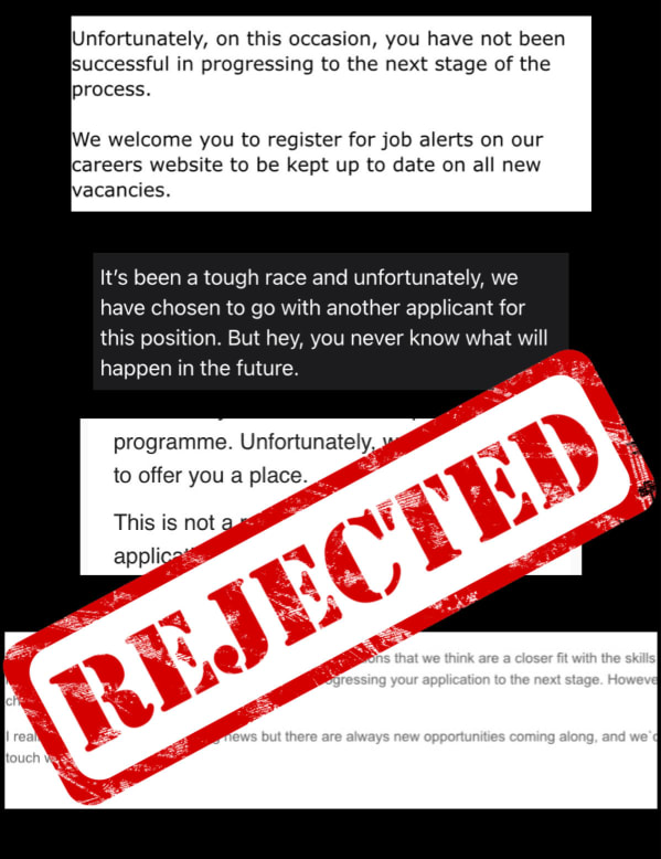 A collection of rejection emails and a rejection stamp