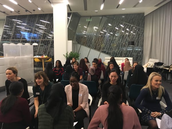 Photo of a networking event showing girls and partners in a speed networking activity in an office